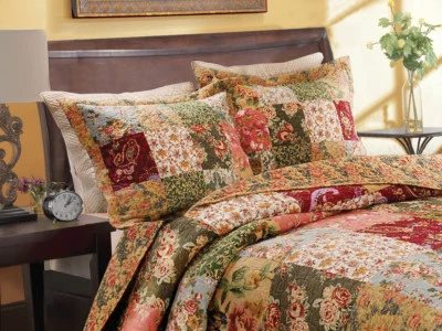 HERMOSO JUEGO DE EDREDÓN FLORAL REVERSIBLE VINTAGE VERDE ROSA ROJO GRANATE BORGOÑA ROJO Foto 1 de 3