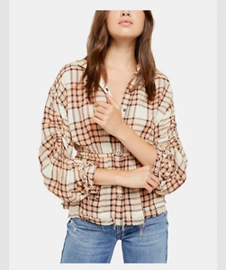 Free People Pacific Dawn Plaid Shirt Peach Tree Combo Women's Size Large NWOT - Picture 1 of 11