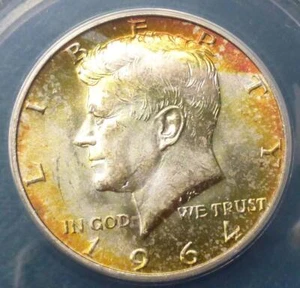 1964 D ANACS MS65 Silver Kennedy Toned Half Dollar, END of ROLL COLOR TONING - Picture 1 of 6