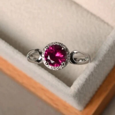 Dainty Pink Ruby Ring Lab Created Round Gemstone 925 Sterling Silver Women Ring - Image 1 of 4