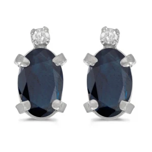 14k White Gold Oval Sapphire And Diamond Earrings - Picture 1 of 2