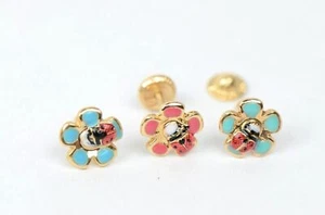 14k Yellow Gold Baby Enamel Flower earrings, Screw Back - Picture 1 of 10