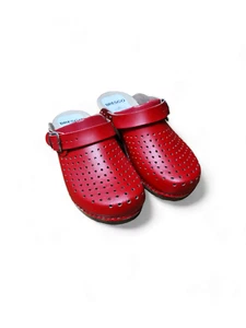 Swedish red wooden clogs with buckle from perforated red real leather and wood - Picture 1 of 8