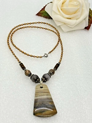 Sterling Silver Brown Agate & Golden Pearls Necklace + Variety 22" - Image 1 of 4