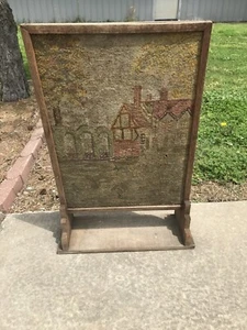 Antique Upright Fire Screen Needlepoint-Tapestry Panel Stand Primitive Tramp Art - Picture 1 of 4