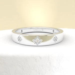 Diamond Starburst Ring 18K White Gold Wedding Band Celestial Ring Stacking Ring - Picture 1 of 6