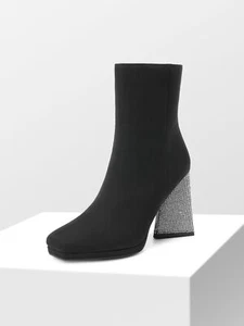 Women Fashion Ankle Boots Faux Suede Rhinestones Chunky Side Zip Short Boots - Picture 1 of 12