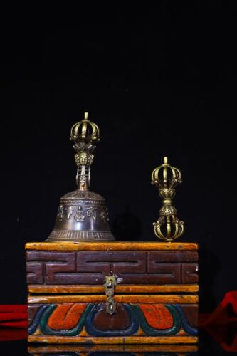 Chinese Rare Tibetan Buddhism Old copper handmade Build Bells Vajra wood Box