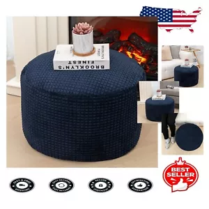 Navy Blue Round Pouf Ottoman - Luxurious Plush Fiber Foot Stool 18x14 Inches - Picture 1 of 8