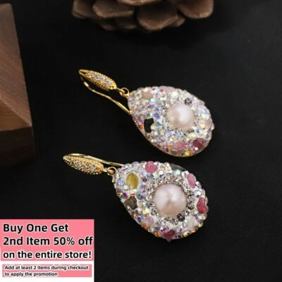 Crystal Freshwater Pearl Earrings Bohemian Baroque Dangle Tassel Drop 925 Silver - Image 1 of 4