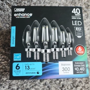 Feit Enhance Vivid Natural Light 40 Watt E12 Candelabra Base 6 Bulbs - Picture 1 of 5
