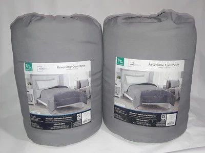 2 件全新 Mainstay 灰色双面棉被 66 英寸 x 90 英寸 100% 聚酯纤维机洗 — 第 1/4 张图片