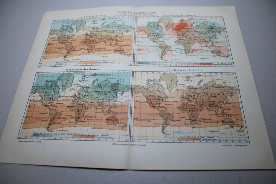 Mapa a color c1899 Meyers Universum ~ TEMPERATURAS MUNDIALES NORMALES Foto 1 de 1