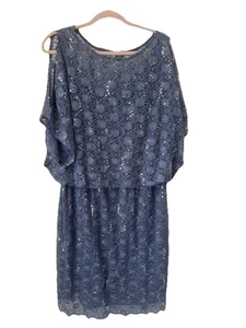 XSCAPE Dress Plus Lace Sequin Lined Cold Shoulder Short Knee Blouson Blue 18W - Picture 1 of 7