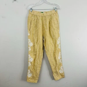 Pantalones para mujer Anthropologie bordados de lino a rayas amarillas y blancas talla S - Imagen 1 de 8
