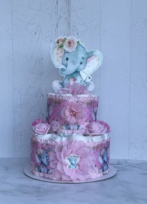 Pastel de pañales elefante de 2 niveles para baby shower niña Foto 1 de 3