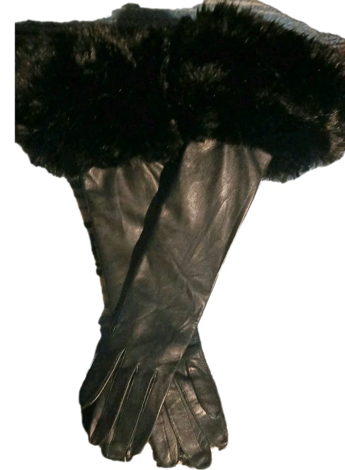18 inch black kid leather gloves topped with 4in black Mink cuff I Mint .7.5 - Image 1 of 4