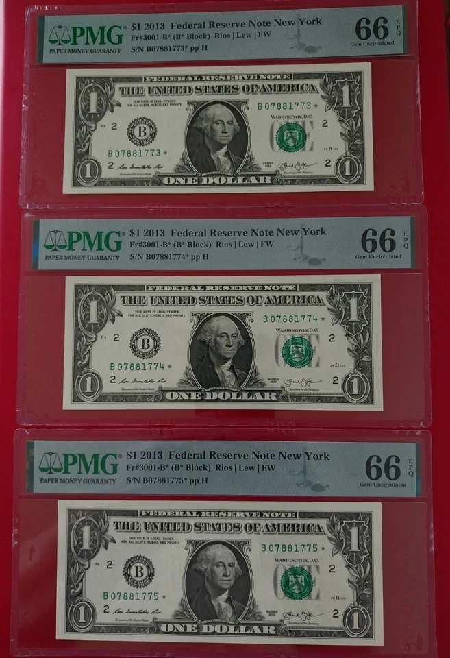 Lot of  (3) Consecutive 2013 B Duplicate Star Note Error One Dollar Bill  66 EPQ - Image 1 of 4