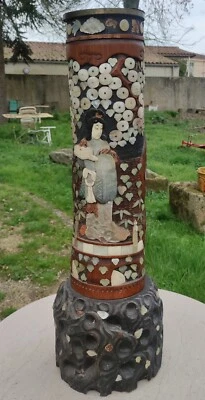 Ancien Bitong grand pot à pinceaux Vase sculpté Incrustation Nacre/Japon/Asie - Photo 1/4