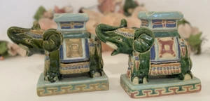 2 VTG Ceramic Elephant Figurines Trunks Up Ashtray Incense Burner Bookend EUC - Picture 1 of 10