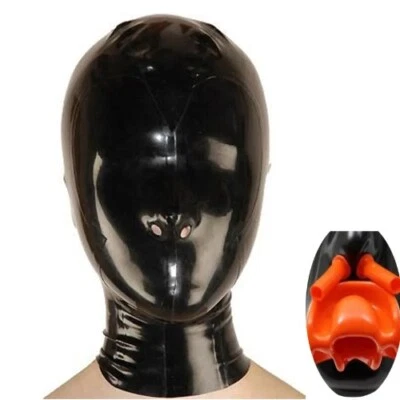 Latex Hood with Red Teeth Gag and Nasal Tubes Back Zip Fetish  Mask Full Face  - Image 1 of 4