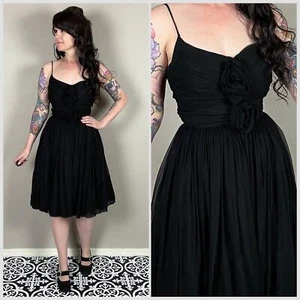 Vintage 1950s Black Silk Chiffon Fit and Flare Party Dress - 22"/23" Waist - Picture 1 of 7
