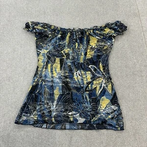 Per Una Ladies Blouse Blue 16 Short Sleeve Sheer Floral Stretch Ruffle Lace Mesh - Picture 1 of 13