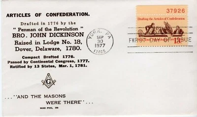 USPS FDC #1726 1977 13¢ Artículos de la Confederación Bicentenario Masónico aprox. ST666 Foto 1 de 2