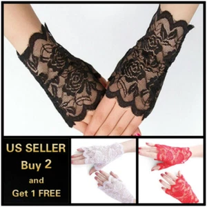 Black Lace Fingerless Gloves Ladies Lady Fancy Dress Wedding Halloween Custom - Picture 1 of 8