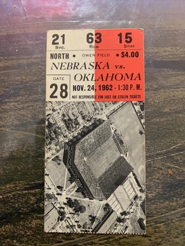 1962 Oklahoma Sooners Nebraska Cornhusker Football Ticket Stub OU Norman Vin Cover