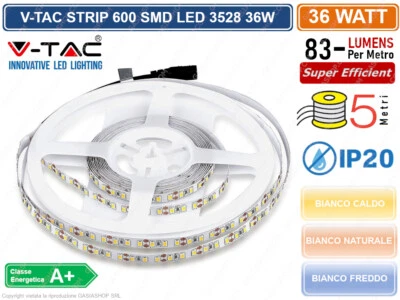 V-TAC STRIP STRISCIA LED MONOCOLORE 5 METRI SMD 3528 120 LED MT IP20 36W 3000 LM - Immagine 1 di 3