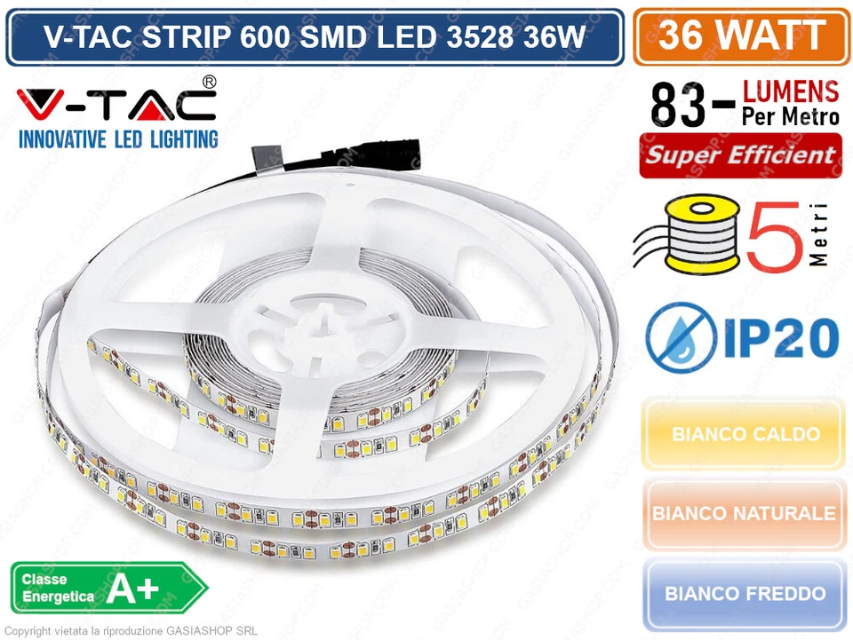 V-TAC STRIP STRISCIA LED MONOCOLORE 5 METRI SMD 3528 120 LED MT IP20 36W 3000 LM - Immagine 1 di 3