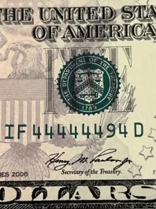 2006 $5 FRN Gem CU near Solid Same Serial Number seven 4's note 4 of 4 - Picture 1 of 3
