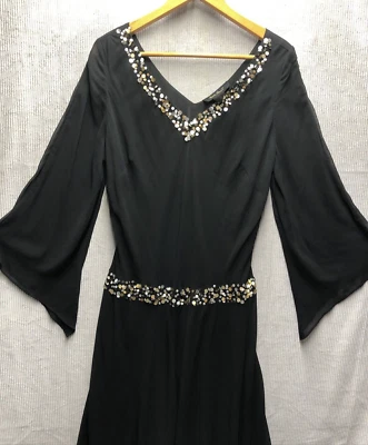 Vestido Ashley Stewart Talla 18 Negro Transparente Mangas de Hadas Borde de Lentejuelas Cuello en V Gótico Foto 1 de 4