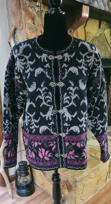 VTG Skyr Fair Isle Cardigan Sweater Wool Blend Nordic Silvertone Clasps Sz M 90s - Image 1 of 4