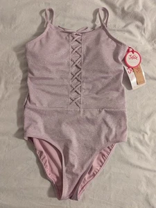 Justice Girl 1 Piece Swimsuit  Pink Silver Sparkle Size L (12/14) NWT - Picture 1 of 5