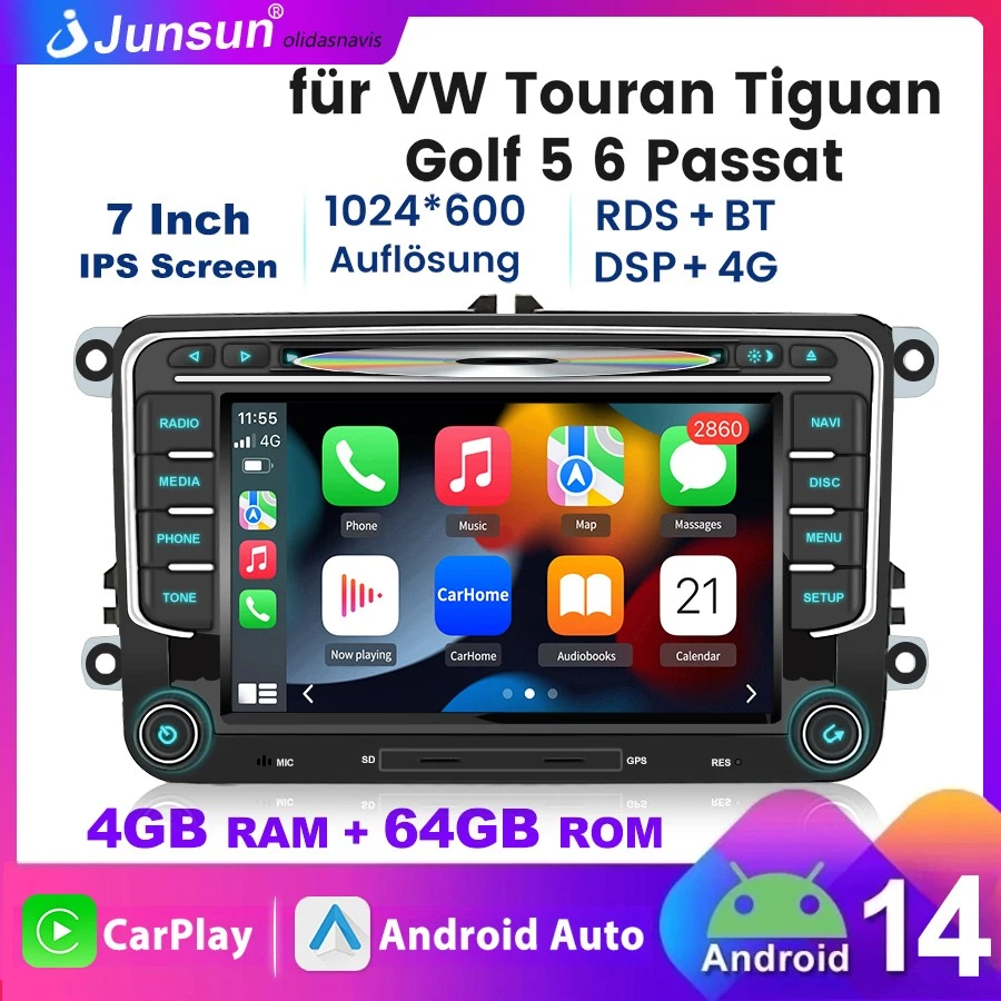 DAB+ Android 14 4+64GB Autoradio Carplay GPS Für VW Golf 5 6 Touran Tiguan Polo - Bild 1 von 4