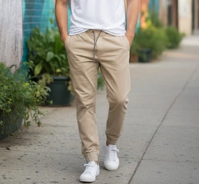 American Eagle Size M Jogger Pants Khaki Beige Drawstring Elastic Waist Pockets - Image 1 of 4