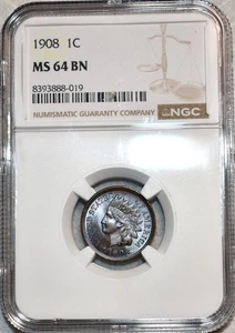 NGC MS-64 BN 1908 Indian Head Cent, Attractively Toned specimen. - Picture 1 of 2