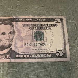 2017A $5 Dollar Star Note Serial Number PG01587626* FW - Picture 1 of 6