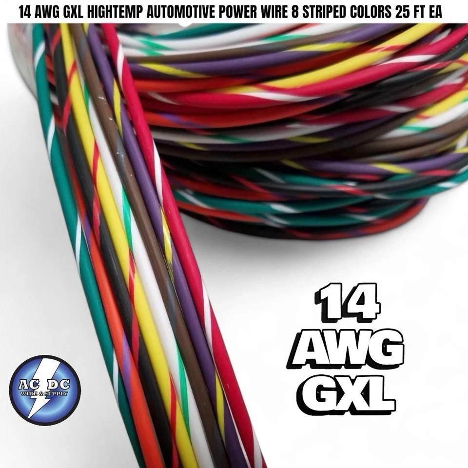 14 AWG GXL HIGHTEMP AUTOMOTIVE POWER WIRE 8 STRIPED COLORS 25 FT EA  - Image 1 of 1
