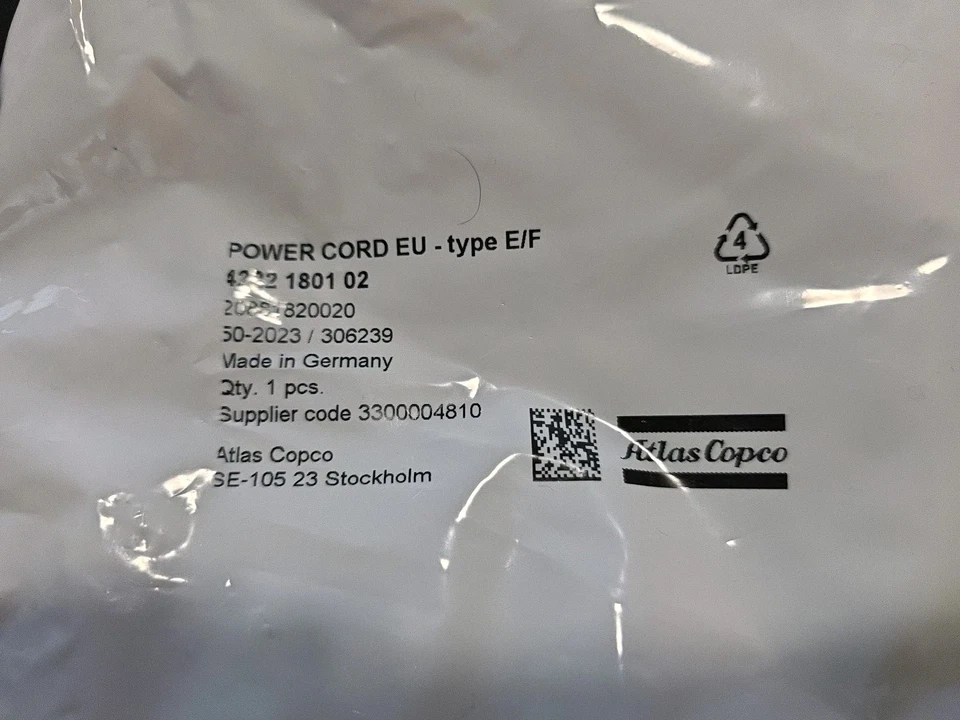 Atlas copco 4222 1801 02 - 4222180102 Power cord. Free Shipping NEW - Image 1 of 3