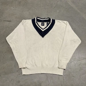 Vintage 90s GAP Tennis Sweater Mens Large White V Neck Cotton Cricket Preppy - Picture 1 of 8