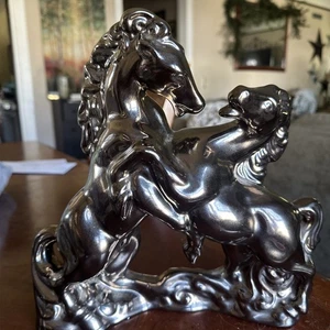 Rearing Horses Sculpture Vintage Ceramic Bronze Glazed Pottery - Picture 1 of 8