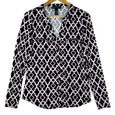 Retro INC International Concepts Black White Pink Geometric Print Zipper Top - Image 1 of 4