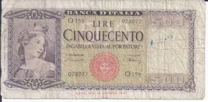 Banca D'Italia Banknotes 500 Lire 1947 Good Circulated Italy - Picture 1 of 2