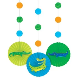 Alligator Party Supplies Hanging Fan Decorations 3 Pack Birthday Crocodile Boy - Picture 1 of 1
