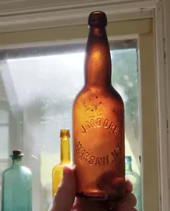 WARSAW,NY J.MOORE RARE AMBER BLOB TOP BEER BOTTLE 1890s - Picture 1 of 8