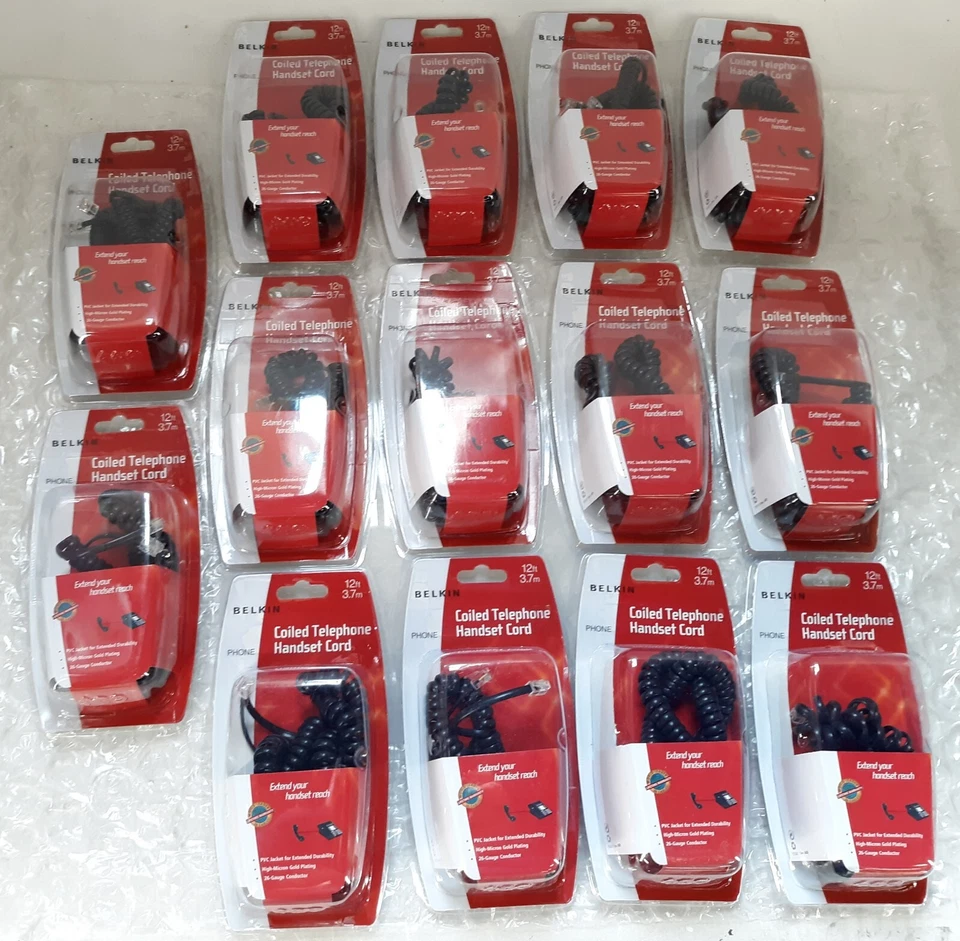 批量 14 条贝尔金卷绕电话听筒线 12 英尺 全新 * 密封 * — 第 1/3 张图片