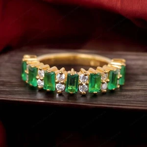 925 Sterling Silver 4x2 mm Round Shape Natural Emerald Band Yellow Gold Plated - Picture 1 of 6